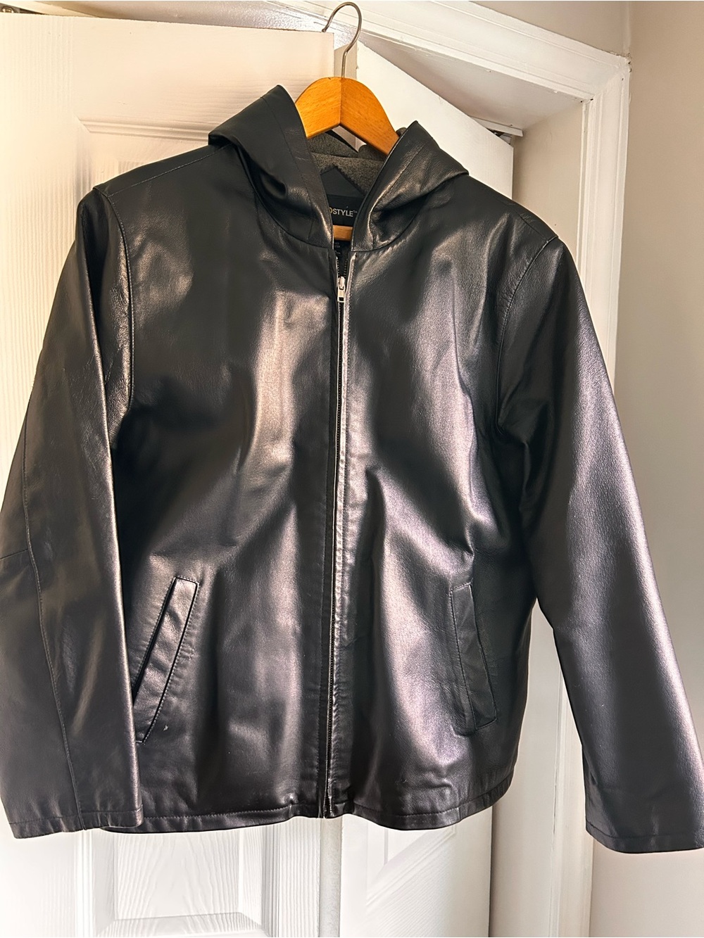 Vintage 90s leather jacket w/hood sz Large